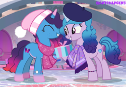 Size: 2908x2000 | Tagged: safe, artist:artsmlpgen5, izzy moonbow, misty brightdawn, pony, unicorn, g5, base used, beret, christmas, clothes, crystal brighthouse, duo, duo female, female, hat, holiday, horn, indoors, looking at someone, mare, present, rebirth misty, scarf