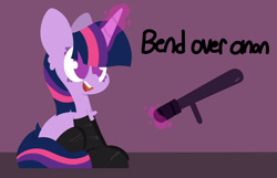 Size: 7000x4500 | Tagged: safe, artist:moonydusk, twilight sparkle, pony, unicorn, g4, bend over, chest fluff, clothes, female, glowing, glowing horn, horn, latex, latex socks, levitation, magic, magic aura, mare, open mouth, open smile, police baton, sitting, smiling, socks, solo, tail, telekinesis, tonfa, two toned background, unicorn twilight