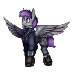 Size: 2300x2300 | Tagged: safe, artist:molars, oc, oc only, oc:morning glory, oc:morning glory (project horizons), pegasus, pony, ashes town, fallout equestria, fallout equestria: project horizons, boots, clothes, commission, enclave, enclave uniform, fallout equestria oc, fanfic art, full body, jacket, pants, purple mane, rendered, shoes, short mane, simple background, solo, spread wings, stars, transparent background, uniform, wings