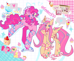 Size: 540x447 | Tagged: safe, artist:emoboy130, angel bunny, fluttershy, pinkie pie, earth pony, pegasus, pony, rabbit, g4, animal, bow, cute, diapinkes, duo, ear piercing, female, hat, headwear, hoof polish, mare, nail polish, piercing, ribbon, sanrio, shyabetes