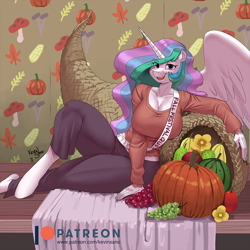 Size: 1000x1000 | Tagged: safe, artist:kevinsano, princess celestia, alicorn, anthro, unguligrade anthro, g4, apple, autumn, big breasts, breasts, busty princess celestia, cleavage, clothes, cornucopia, eye clipping through hair, feathered wings, female, flower, food, gourd, grapes, horn, long sleeved shirt, long sleeves, looking at you, open mouth, pants, pumpkin, sash, shirt, sitting, smiling, smiling at you, solo, spread wings, unicorn horn, wallpaper, wings