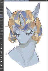 Size: 947x1418 | Tagged: safe, artist:azaani, oc, unicorn, blue and yellow, bust, horn, portrait, simple background