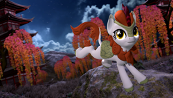 Size: 3840x2160 | Tagged: safe, artist:owlpirate, autumn blaze, kirin, g4, 3d, 4k, cloud, facing you, female, high res, looking up, mare, night, night sky, outdoors, pagoda, sky, smiling, solo, source filmmaker, temple, tree