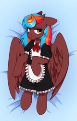 Size: 1382x2160 | Tagged: artist needed, source needed, safe, oc, oc:demagogue, pegasus, blushing, clothes, female, maid, mare, wings, село