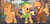 Size: 1280x614 | Tagged: safe, artist:vi45, oc, oc only, earth pony, food pony, pegasus, pony, unicorn, base used, blank flank, blonde mane, blonde tail, blushing, bowtie, brown coat, brown eyelashes, brown eyes, brown pupils, candy, candy in coat, candy in hair, candy in tail, clothes, colored eyelashes, colored pupils, colored wings, colored wingtips, cowboy hat, cute, ear markings, earth pony oc, female, female oc, folded wings, food, fountain, gingerbread ponies, gingerbread pony, green eyes, hat, horn, leg markings, lidded eyes, looking up, male, male oc, mare, mare oc, ocbetes, open mouth, open smile, orange mane, orange tail, outdoors, pastry pony, pegasus oc, ponified, profile, raised hoof, raised leg, red mane, red pupils, screencap background, shirt, smiling, stallion, stallion oc, standing on two hooves, stetson, tail, three quarter view, turned head, unicorn oc, vest, wavy mane, wavy tail, white wingtips, wings