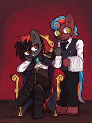 Size: 1615x2160 | Tagged: safe, artist:marcipancakes, oc, oc:demagogue, anthro, butler, cape, clothes, dominant, eyelashes, female, femdom, glowing, necktie, smiling, smug, throne, transgender, село