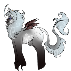 Size: 1280x1280 | Tagged: safe, scorpan, star swirl the bearded, oc, oc:star sucker, gargoyle, hybrid, unicorn, g4, bat wings, blue sclera, claws, coat markings, connected mane, curly mane, curly tail, ear piercing, horn, interspecies offspring, lamb eyes, leonine tail, magical gay spawn, offspring, parent:scorpan, parent:star swirl the bearded, parents:scorswirl, piercing, socks (coat markings), stars, swirls, tail, white fade, white horn, wings, yellow star