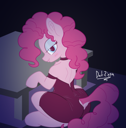 Size: 2700x2731 | Tagged: safe, artist:datzigga, pinkie pie, g4, alternate hairstyle, cocktail dress, makeup, solo