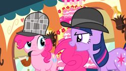 Size: 1674x940 | Tagged: safe, screencap, pinkie pie, twilight sparkle, earth pony, unicorn, g4, mmmystery on the friendship express, my little pony: friendship is magic, bowler hat, bubble pipe, cake, deerstalker, detective, food, hat, horn, pipe, sherlock holmes, sherlock pie, unicorn twilight, watson