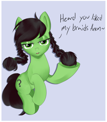 Size: 2315x2626 | Tagged: safe, artist:lillslim, oc, oc only, oc:filly anon, earth pony, pony, g4, braid, dialogue, drawthread, female, filly, looking at you, open mouth, requested art, seductive look, smiling, talking, talking to viewer, text