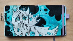 Size: 2560x1442 | Tagged: safe, artist:lilac clime, queen chrysalis, changeling, changeling queen, g4, crown, eyelashes, fangs, female, jewelry, looking at you, regalia, slit pupils, solo, traditional art, watermark