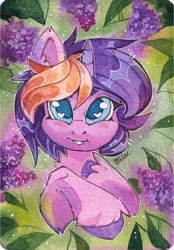 Size: 1504x2160 | Tagged: safe, artist:lilac clime, oc, oc only, pony, unicorn, blush lines, blushing, ear fluff, female, horn, lavender, looking at you, mare, smiling, smiling at you, traditional art, unicorn oc, watermark