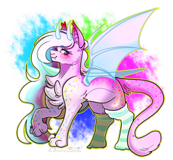 Size: 1015x939 | Tagged: safe, artist:legendaryshadee, oc, oc:calamity (nurseri), sphinx, bat wings, clothes, female, socks, solo, striped socks, wings