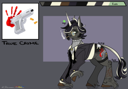 Size: 2000x1400 | Tagged: safe, artist:legendaryshadee, oc, oc:true crime, pony, unicorn, clothes, glasses, horn, male, reference sheet, solo, stallion