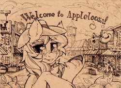 Size: 1772x1287 | Tagged: safe, artist:lilac clime, braeburn, earth pony, pony, g4, apple family, appleloosa, hat, looking at you, male, monochrome, saloon, smiling, smiling at you, stallion, town, traditional art, western