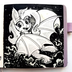 Size: 2992x2992 | Tagged: safe, artist:lilacclime, fluttershy, bat pony, g4, bat ponified, bat wings, eyelashes, fangs, female, flutterbat, inktober 2023, looking at you, mare, monochrome, moon, race swap, smiling, smiling at you, solo, starry night, wings