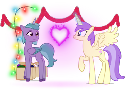 Size: 2355x1692 | Tagged: safe, artist:equestriaexploration, alula, pluto, princess erroria, shiny sparks, alicorn, pony, g4, g5, christmas, christmas lights, concave belly, holiday, lanky, long legs, magic, simple background, skinny, tall, thin, transparent background