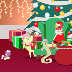 Size: 2160x2160 | Tagged: safe, anonymous artist, big macintosh, fluttershy, mallow flower, spearmint gust, earth pony, pegasus, pony, unicorn, series:fm holidays, series:hearth's warming advent calendar 2024, g4, advent calendar, alternate hairstyle, animal costume, bell, bell collar, bored, chair, christmas, christmas lights, christmas tree, clothes, collar, costume, female, filly, foal, grin, high res, holiday, horn, lineless, male, mall santa, mare, open mouth, open smile, pointy ponies, present, red nose, reindeer costume, saddle, santa costume, scroll, ship:fluttermac, shipping, short mane, smiling, stallion, stifling laughter, straight, tack, tree