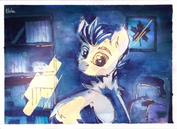 Size: 2560x1859 | Tagged: safe, artist:lilac clime, oc, oc only, fluffy pony, pony, digital art, looking at you, male, room, stallion, traditional art, watermark