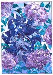 Size: 1531x2160 | Tagged: safe, artist:lilacclime, princess luna, g4, chest fluff, ethereal mane, female, filly, foal, lavender, looking at you, mare, smiling, smiling at you, solo, starry mane, traditional art, watercolor painting, watermark, young luna