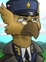 Size: 624x840 | Tagged: safe, artist:notoriousnostalgia, oc, oc only, oc:gunnar sabel-karlsson, griffon, equestria at war mod, beak, bust, cap, clothes, general, glasses, griffon oc, hat, male, military, military uniform, new characters for equestria at war, new characters for equestria at war mod, outdoors, pin, portrait, serious, serious face, solo, uniform