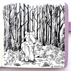 Size: 2992x2992 | Tagged: safe, artist:lilacclime, pony, unicorn, forest, horn, inktober 2023, nature, solo, traditional art, tree, walking away