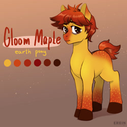 Size: 2000x2000 | Tagged: safe, artist:erein, oc, oc only, oc:gloom maple, earth pony, pony, brown eyes, coat markings, ears, ears up, earth pony oc, freckles, gradient background, looking at you, male, red mane, reference sheet, solo, stallion, tail, text, yellow coat