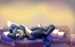 Size: 827x526 | Tagged: safe, artist:lilacclime, princess luna, alicorn, pony, g4, bed, crown, cutie mark, digital art, ethereal mane, female, hug, jewelry, looking at you, lying down, mare, on back, on bed, pillow, pillow hug, regalia, royalty, smiling, smiling at you, solo, string lights