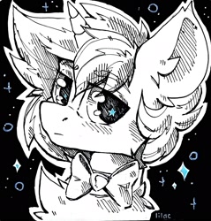 Size: 1862x1949 | Tagged: safe, artist:lilacclime, oc, oc only, pony, unicorn, black and white, bowtie, chest fluff, ear fluff, grayscale, horn, male, monochrome, solo, stallion, stars, watermark