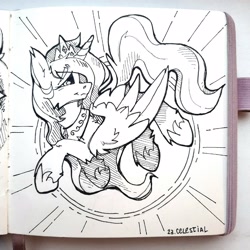 Size: 2560x2560 | Tagged: safe, artist:lilacclime, princess celestia, alicorn, pony, g4, black and white, crown, female, grayscale, inktober 2023, jewelry, mare, monochrome, peytral, regalia, royalty, solo