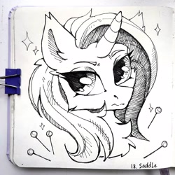 Size: 2560x2560 | Tagged: safe, artist:lilacclime, sassy saddles, pony, unicorn, g4, black and white, chest fluff, eyelashes, female, grayscale, horn, inktober 2023, mare, monochrome, solo, traditional art