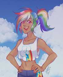 Size: 1400x1700 | Tagged: safe, artist:mundeestar, rainbow dash, human, g4, athlete, clothes, cutie mark on clothes, female, hand on hip, humanized, open mouth, open smile, ponytail, shorts, signature, smiling, solo, sports shorts, sweat, tank top