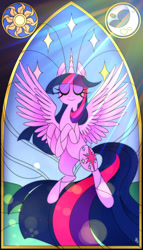 Size: 1280x2240 | Tagged: safe, artist:mundeestar, twilight sparkle, alicorn, pony, eyes closed, female, mare, smiling, solo, spread wings, stained glass, twilight sparkle (alicorn), window, wings