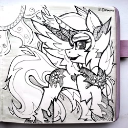 Size: 2992x2992 | Tagged: safe, artist:lilacclime, daybreaker, alicorn, pony, g4, alter ego, black and white, crown, fangs, female, grayscale, inktober 2023, jewelry, mane of fire, mare, monochrome, peytral, regalia, royalty, slit pupils, sun