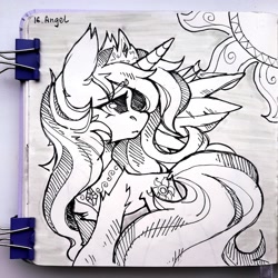 Size: 2560x2560 | Tagged: safe, artist:lilacclime, princess celestia, alicorn, pony, g4, black and white, crown, eyelashes, female, fluffy, grayscale, inktober 2023, jewelry, mare, monochrome, peytral, regalia, royalty, sad, sun