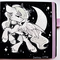 Size: 2992x2992 | Tagged: safe, artist:lilacclime, princess luna, alicorn, pony, g4, black and white, crescent moon, ethereal mane, eyes closed, female, grayscale, inktober 2023, jewelry, mare, monochrome, moon, peytral, royalty, solo, spread wings, starry mane, starry tail, stars, tail, wings