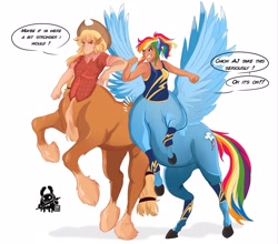 Size: 2048x1803 | Tagged: safe, artist:inkrred, applejack, rainbow dash, centaur, human, taur, g4, arm freckles, breasts, centaurified, clothes, dialogue, duo, duo female, eared humanization, female, freckles, grin, horse ears, humanized, leg wraps, light skin, mare, pegataur, plaid shirt, ponytail, rearing, shirt, simple background, smiling, species swap, speech bubble, spread wings, tan skin, tank top, white background, wings