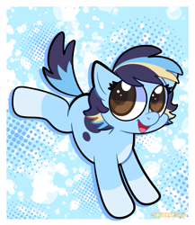 Size: 1300x1500 | Tagged: safe, artist:saveraedae, earth pony, pony, abstract background, bluey, brown eyes, coat markings, cute, female, filly, foal, halftone, jumping, light blue background, looking at you, passepartout, ponified, simple background, socks (coat markings), solo, splatter