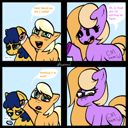 Size: 768x768 | Tagged: safe, artist:kharmacal, oc, oc only, oc:autumn bloom, oc:orange creamsicle, oc:shy tide, earth pony, 4 panel comic, 4koma, caption, colt, comic, cookie, female, filly, foal, food, image macro, male, text, trio, two toned hair, wingding eyes