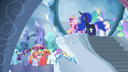 Size: 1280x720 | Tagged: safe, screencap, amethyst maresbury, amethyst shard, crystal arrow, crystal beau, crystal varado, fleur de verre, golden hooves (g4), golden väs, ivory, ivory rook, night knight, princess cadance, princess celestia, princess luna, sapphire joy, pony, g4, my little pony: friendship is magic, the crystalling, sugar glass