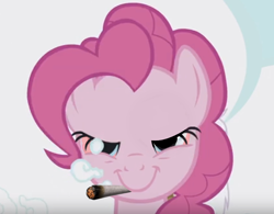 Size: 1130x882 | Tagged: safe, edit, edited screencap, screencap, pinkie pie, earth pony, pony, g4, griffon the brush off, my little pony: friendship is magic, cloud, cropped, drugs, female, lidded eyes, mare, marijuana, smiling, solo