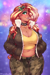 Size: 1323x2000 | Tagged: safe, artist:drizziedoodles, sunset shimmer, human, g4, belly, belly button, belly piercing, big breasts, blushing, boob freckles, breasts, busty sunset shimmer, camouflage, chest freckles, choker, cleavage, clothes, curvy, cutie mark on clothes, ear piercing, earring, eyebrow piercing, eyeshadow, female, freckles, hand in pocket, humanized, jacket, jewelry, lip piercing, lipstick, looking at you, makeup, mistleholly, necklace, nose piercing, piercing, smiling, smiling at you, snow, solo, studded choker, tan skin, thighs, thunder thighs, tomboy, wide hips