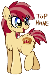 Size: 391x585 | Tagged: safe, artist:muffinz, oc, oc only, oc:top kake, pony, blue eyes, butt fluff, chest fluff, ear fluff, female, gradient eyes, kek, mare, not roseluck, open mouth, open smile, ponified, raised hoof, simple background, smiling, solo, standing, standing on three hooves, top kek, turned head, two toned eyes, white background, yellow eyes