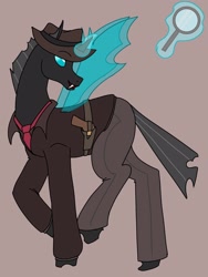 Size: 2250x3000 | Tagged: safe, artist:moonstone/ace, oc, oc:hokt, changeling, equestria at war mod, changeling oc, clothes, detective, fedora, hat, holster, levitation, magic, magnifying glass, necktie, telekinesis, wings