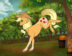 Size: 1462x1149 | Tagged: safe, artist:rossthren, applejack, earth pony, pony, g4, apple, apple tree, applebucking, coat markings, outdoors, solo, tree