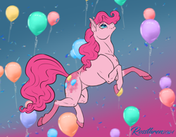 Size: 2023x1590 | Tagged: safe, artist:rossthren, pinkie pie, earth pony, pony, g4, balloon, coat markings, looking up, signature, smiling, solo