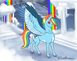 Size: 1720x1352 | Tagged: safe, artist:rossthren, rainbow dash, pegasus, pony, g4, alternate cutie mark, alternate hairstyle, cloudsdale, colored wings, colored wingtips, female, looking at you, mare, multicolored wings, one eye closed, pale belly, signature, smiling, smiling at you, solo, spread wings, wings