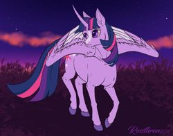 Size: 2023x1590 | Tagged: safe, artist:rossthren, twilight sparkle, alicorn, pony, g4, blaze (coat marking), coat markings, colored wings, colored wingtips, curved horn, facial markings, female, horn, mare, outdoors, solo, standing on two hooves, sunset, twilight sparkle (alicorn), wings