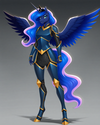 Size: 1920x2400 | Tagged: safe, ai composition, ai content, prompter:aiboi, princess luna, anthro, unguligrade anthro, g4, armor, chainmail, colored wings, ethereal hair, ethereal tail, ethereal wings, female, looking at you, plate armor, scale armor, simple background, smiling, smirk, solo, spread wings, tail, wings