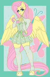 Size: 792x1224 | Tagged: safe, artist:inkkeystudios, fluttershy, pegasus, anthro, unguligrade anthro, g4, clothes, colored hooves, cutie mark background, dress, eyeshadow, female, hands together, hooves, makeup, painted nails, signature, socks, solo, thigh highs, unshorn fetlocks